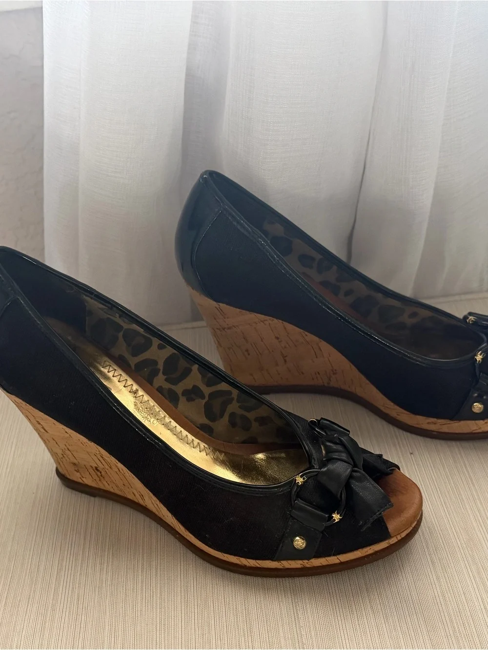 Sperry Top-Sider Black Peep-Toe Bow Cork Wedge Heels | 8.5
